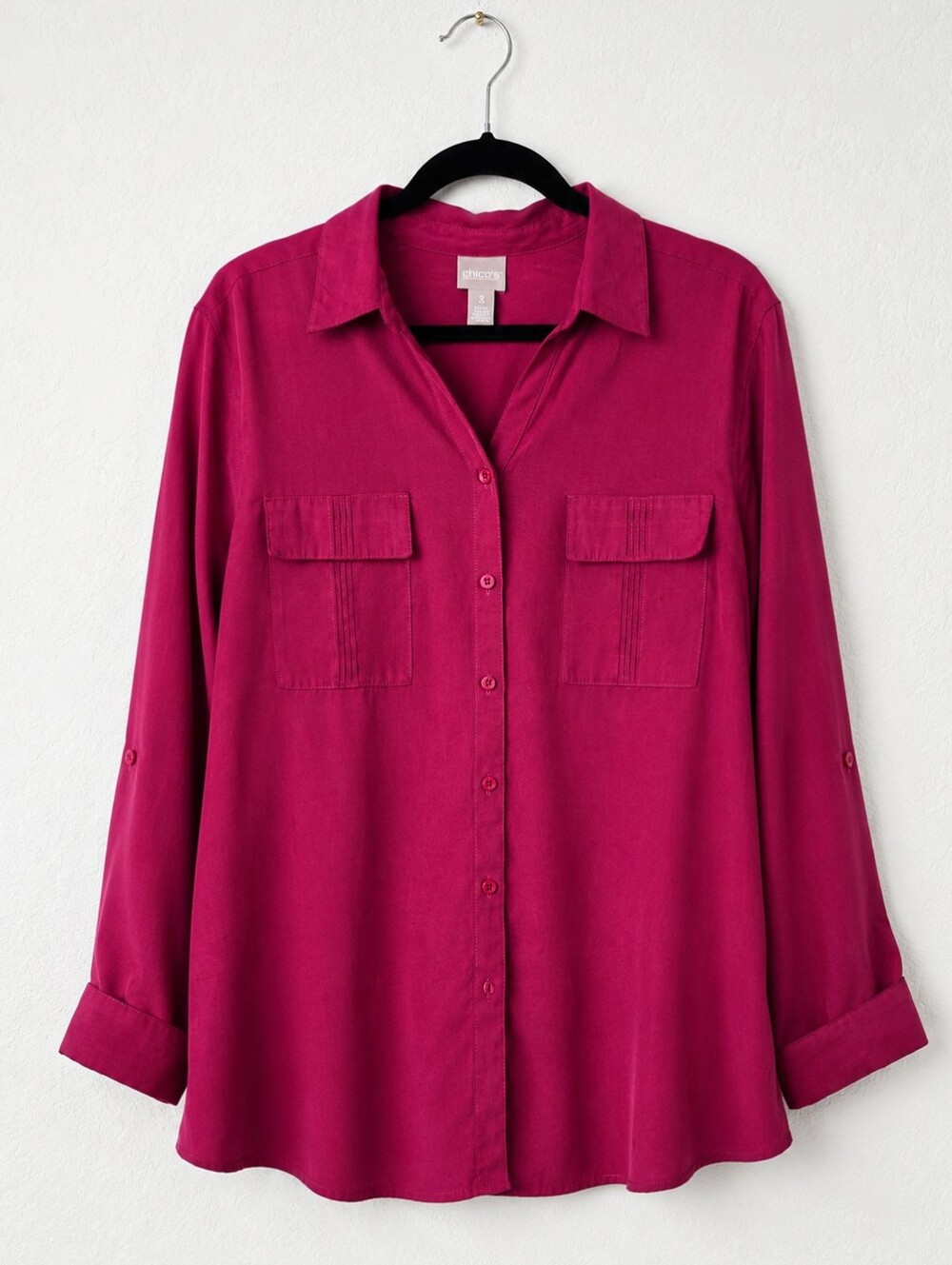 Chico's Fuchsia Pink Utility Button Front Blouse Shirt Size 3 XL Boho